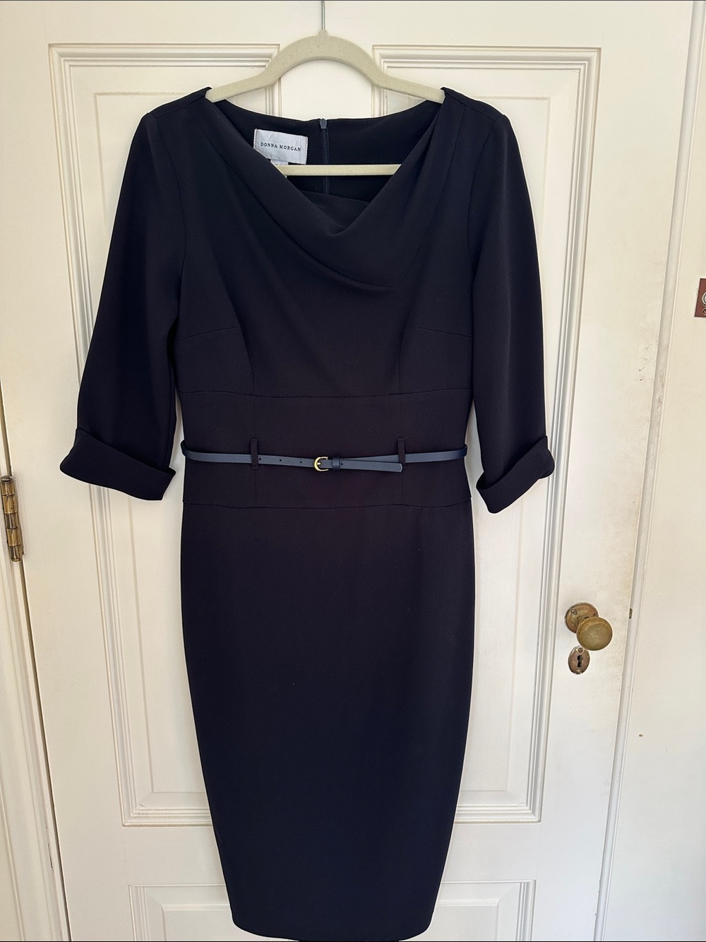 Donna Morgan Dark Navy Belted Cowl-Neck Sheath Dress